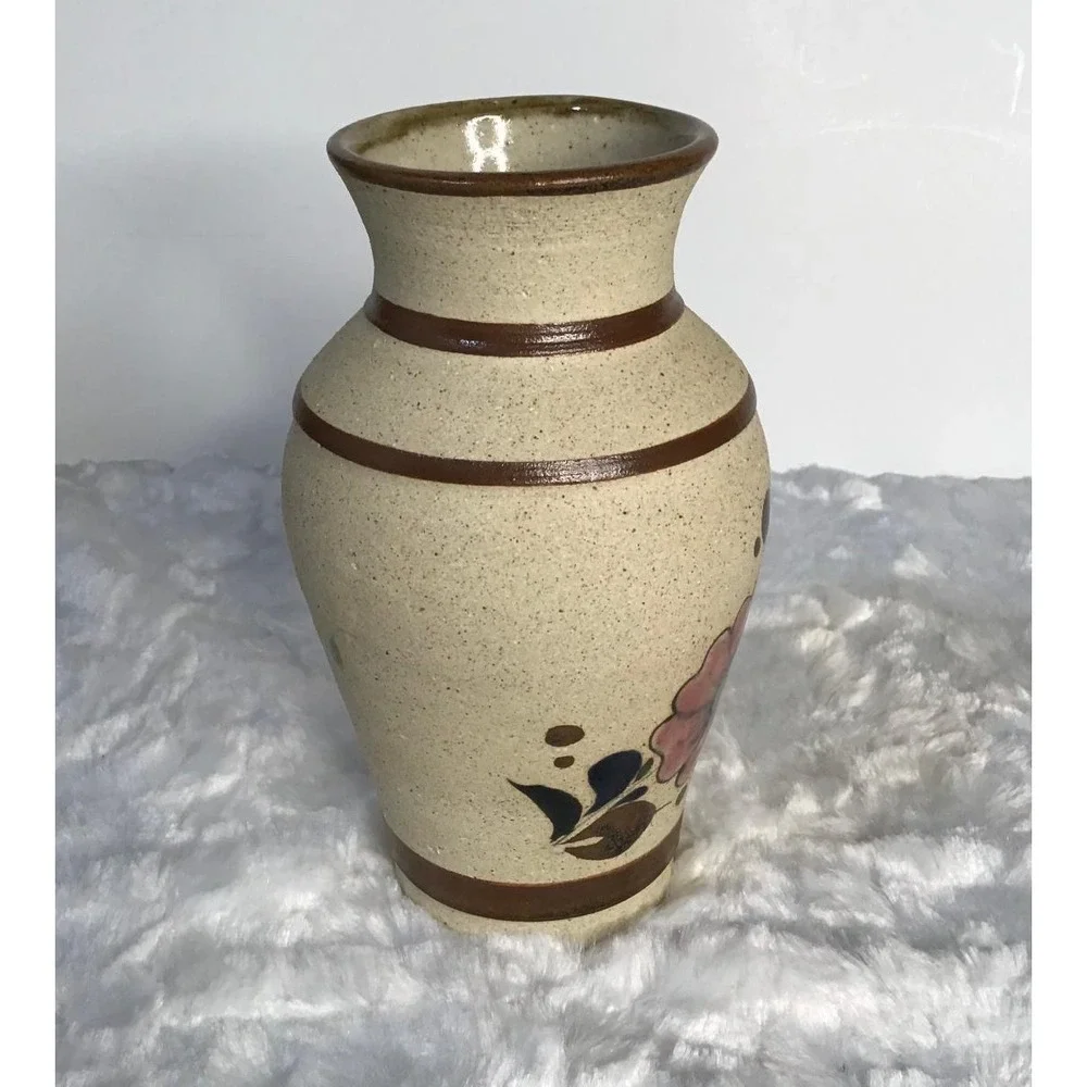 Vtg Gardiel Mexico Hand Painted Floral Ceramic Vase Sandstone Pottery Signed 7